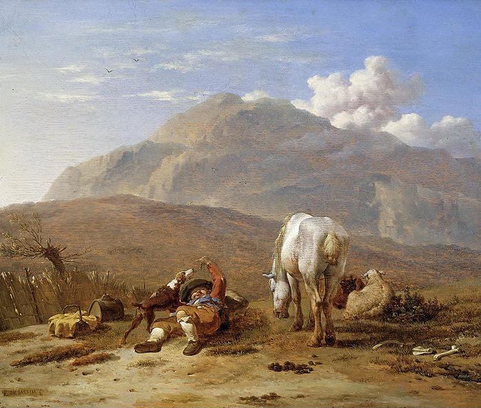 Karel Dujardin Southern landscape with young shepherd and dog